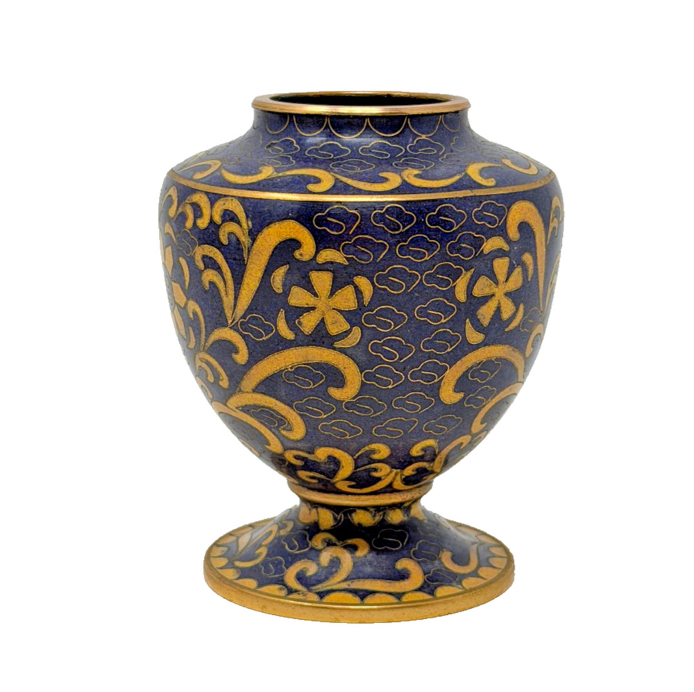 Vintage Cobalt Blue Cloisonne Footed Vase Gold Floral Scrollwork 3.5"